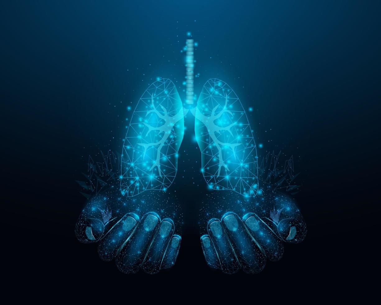 Two human hands are holds human lungs. Support healthy lungs concept. Wireframe glowing low poly design on dark blue background. Abstract futuristic vector illustration.