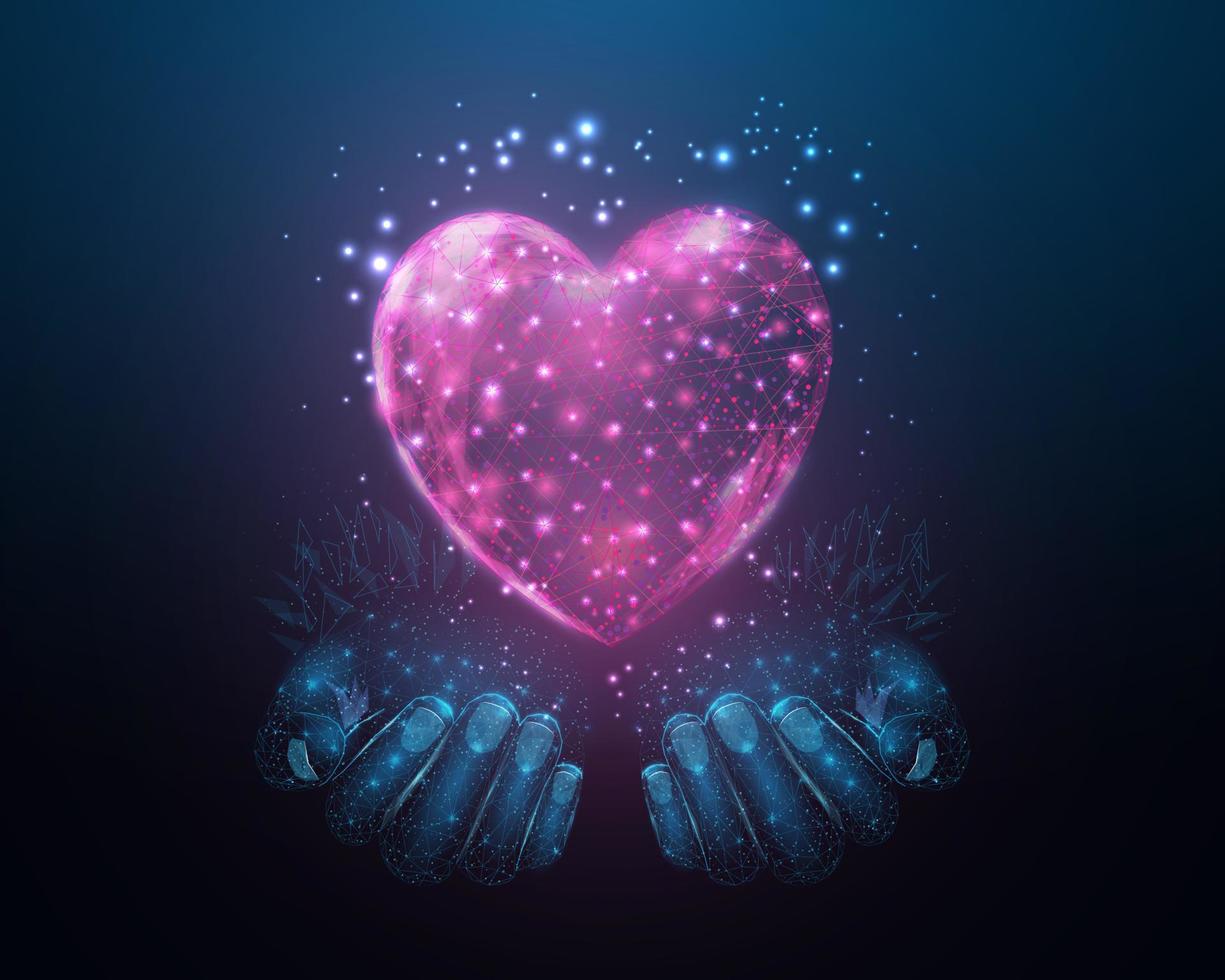 Two human hands are holds heart. Wireframe glowing low poly heart. Design on dark blue background. Abstract futuristic vector illustration.