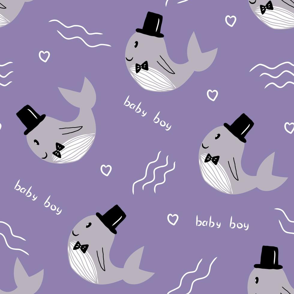 Vector seamless pattern with cute gentleman whale in hat,simple flat illustration,print for kids and baby fashion,textile,interior design,wallpaper,decoration,clip art on very peri background