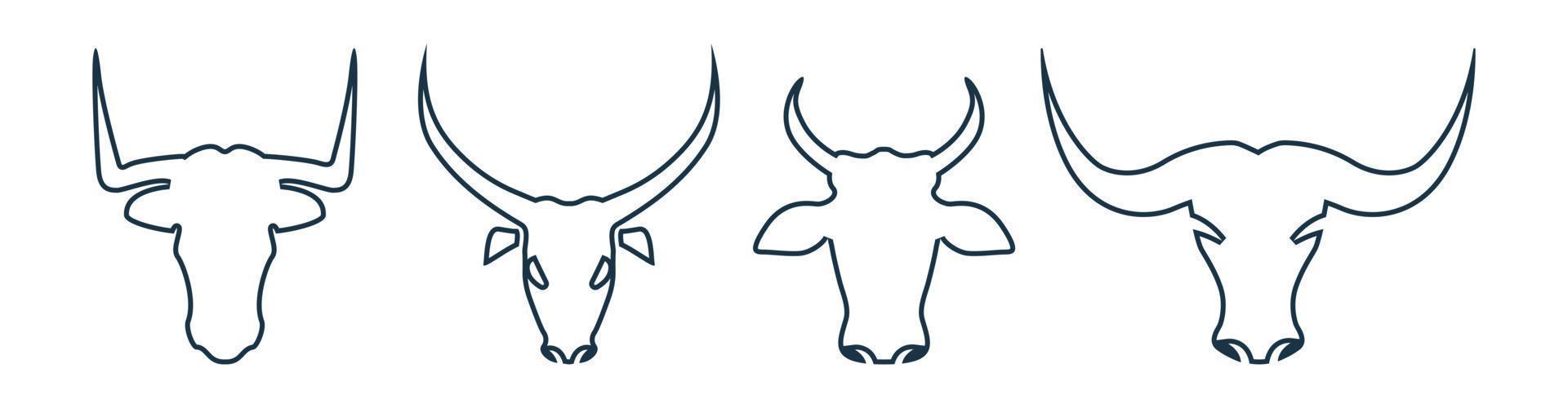 arte de línea de cabeza de toro y vaca. silueta de cabeza de toro y vaca con vector de cuerno grande