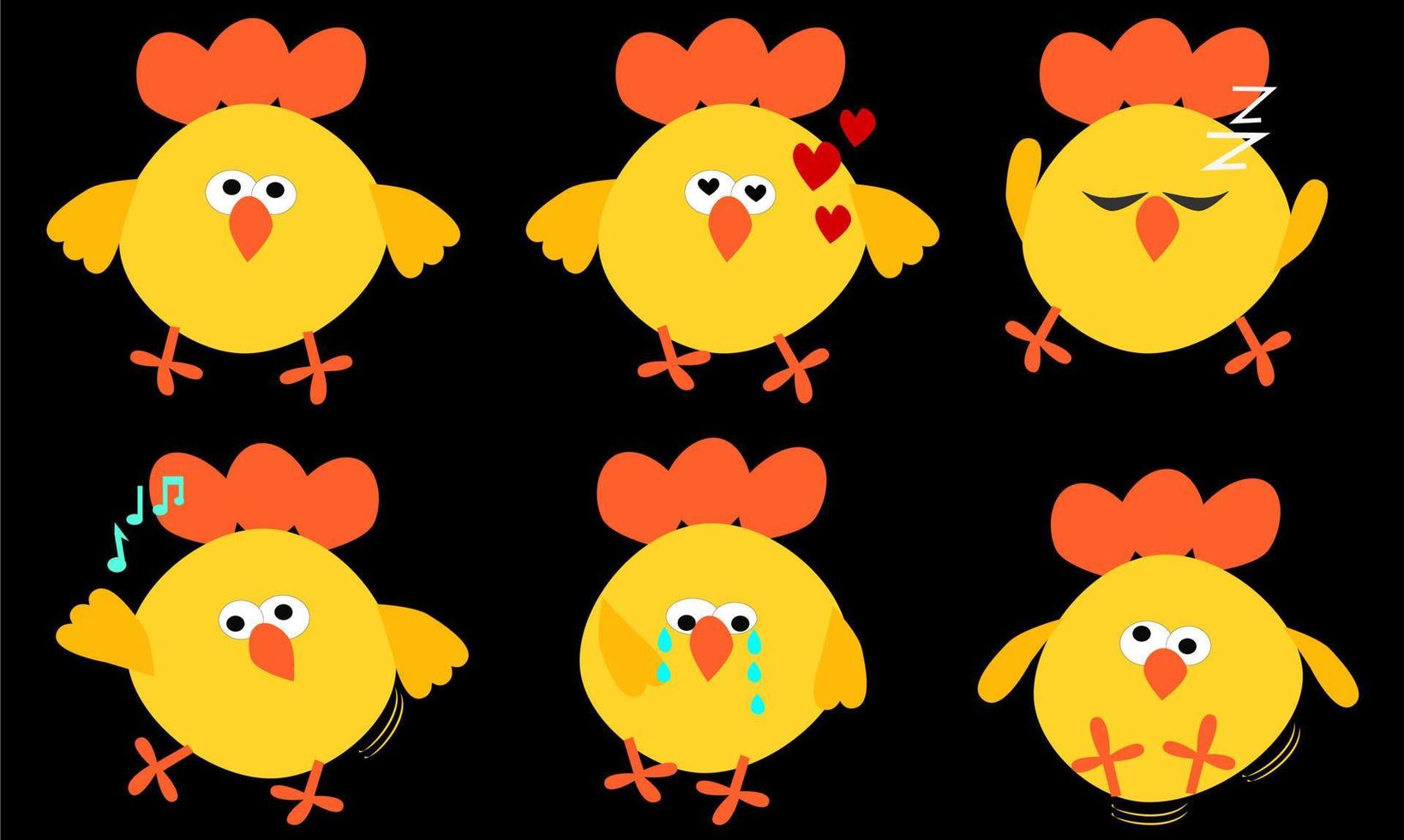 Set of cute yellow chicken cartoon action set collection in different poses character. Flat vector design on black background.