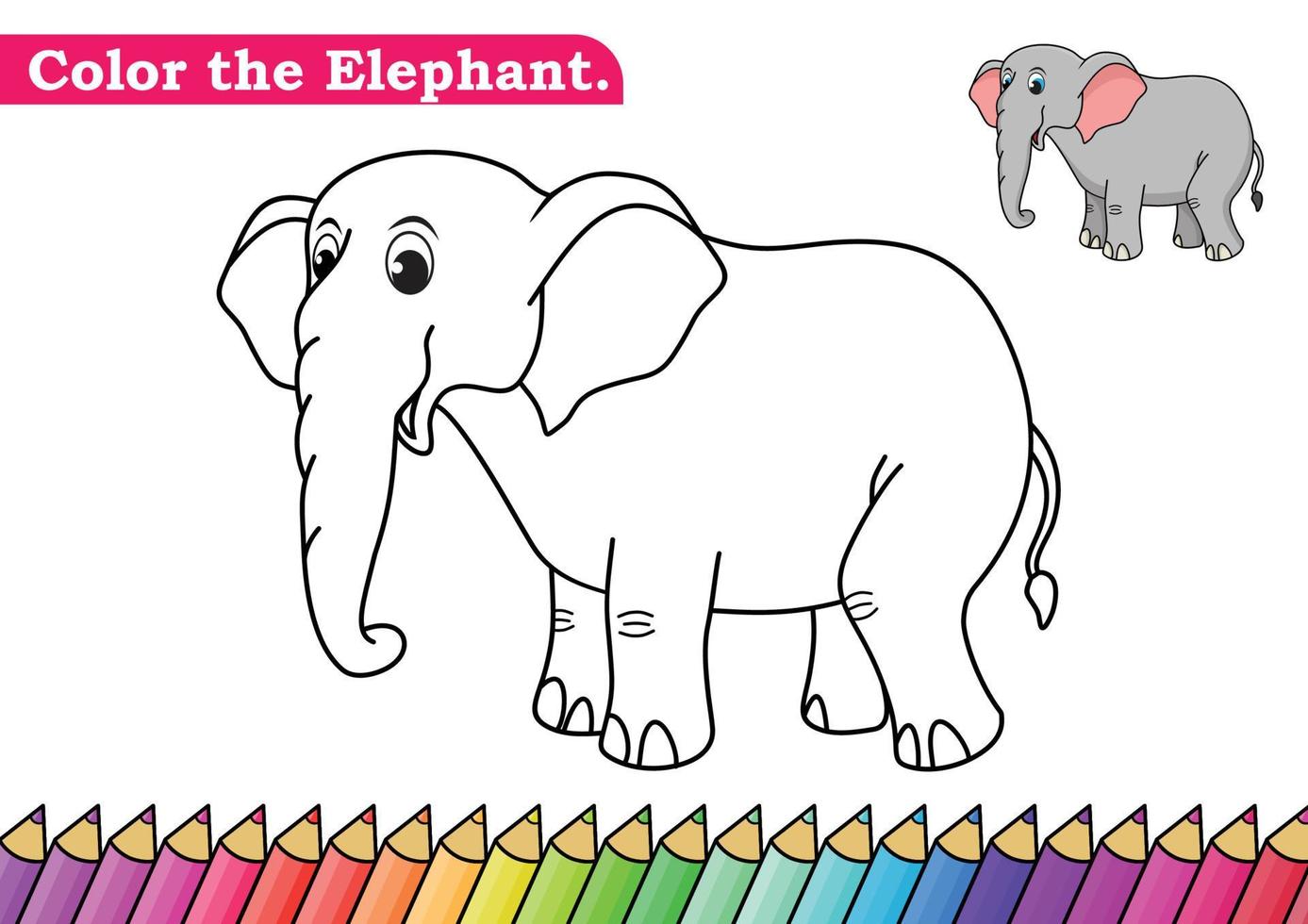Coloring page for Elephant vector illustration.  Kindergarten children Coloring pages activity worksheet with funny big Elephant cartoon.  Elephant isolated on white background for color books.