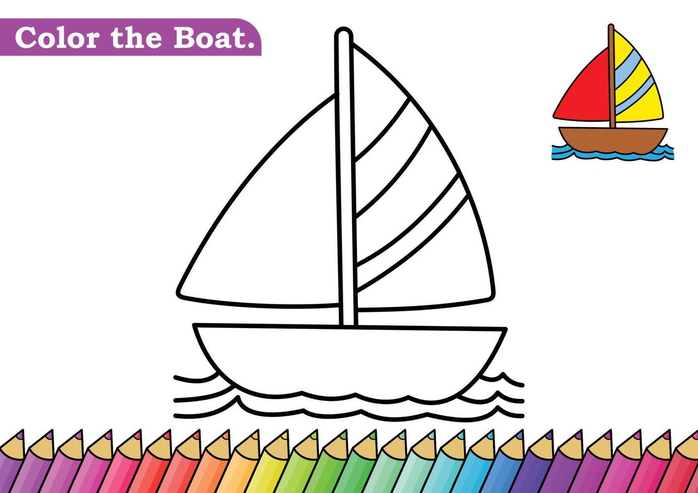 Coloring page for Boat vector illustration. Kindergarten children Coloring pages activity worksheet with funny big Boat cartoon. Boat isolated on white background for color books.