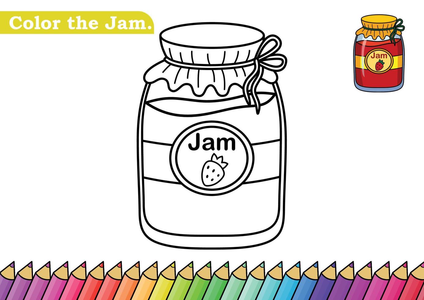 Coloring page for Jam vector illustration.  Kindergarten children Coloring pages activity worksheet with Tasty Jam cartoon.  Jam isolated on white background for color books.