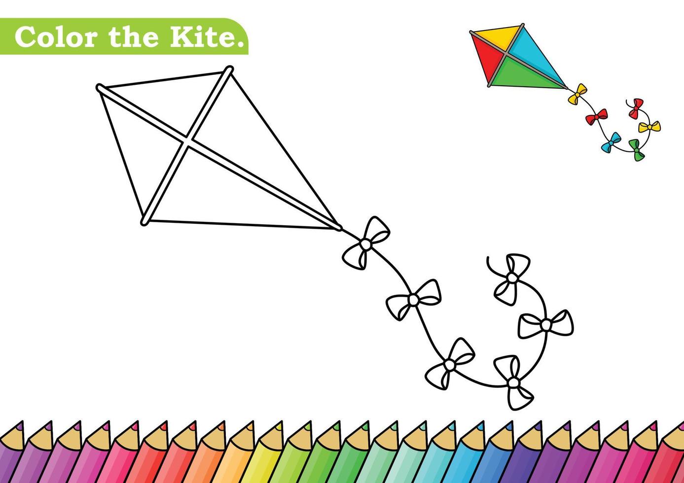 Coloring page for Kite vector illustration.  Kindergarten children Coloring pages activity worksheet with cute Kite cartoon.  Kite isolated on white background for color books.