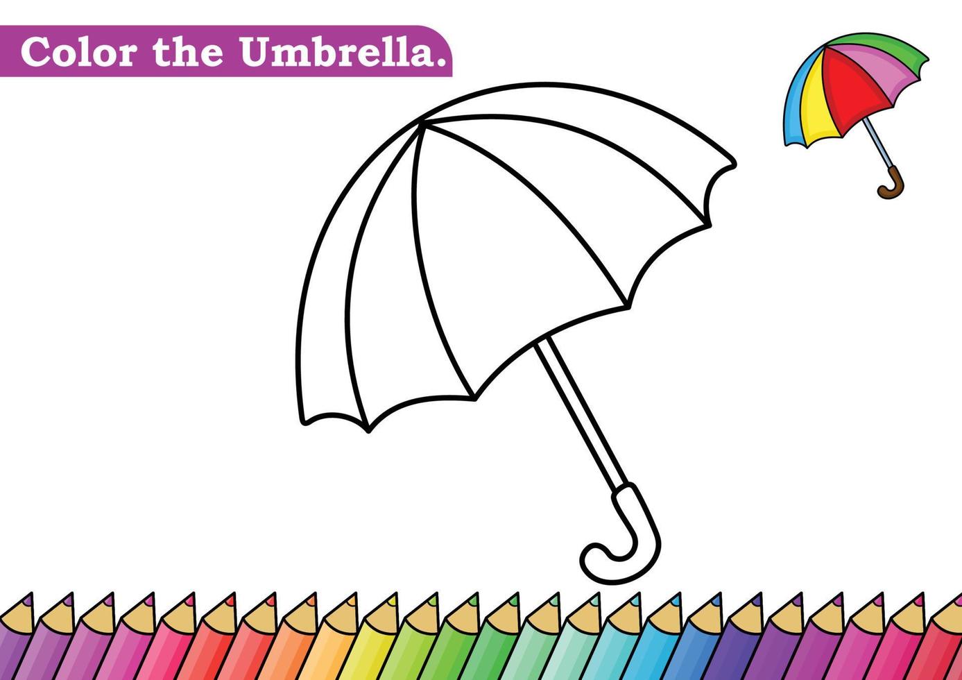Coloring page for Umbrella vector illustration.  Kindergarten children Coloring pages activity worksheet with cute Umbrella cartoon.  Umbrella isolated on white background for color books.