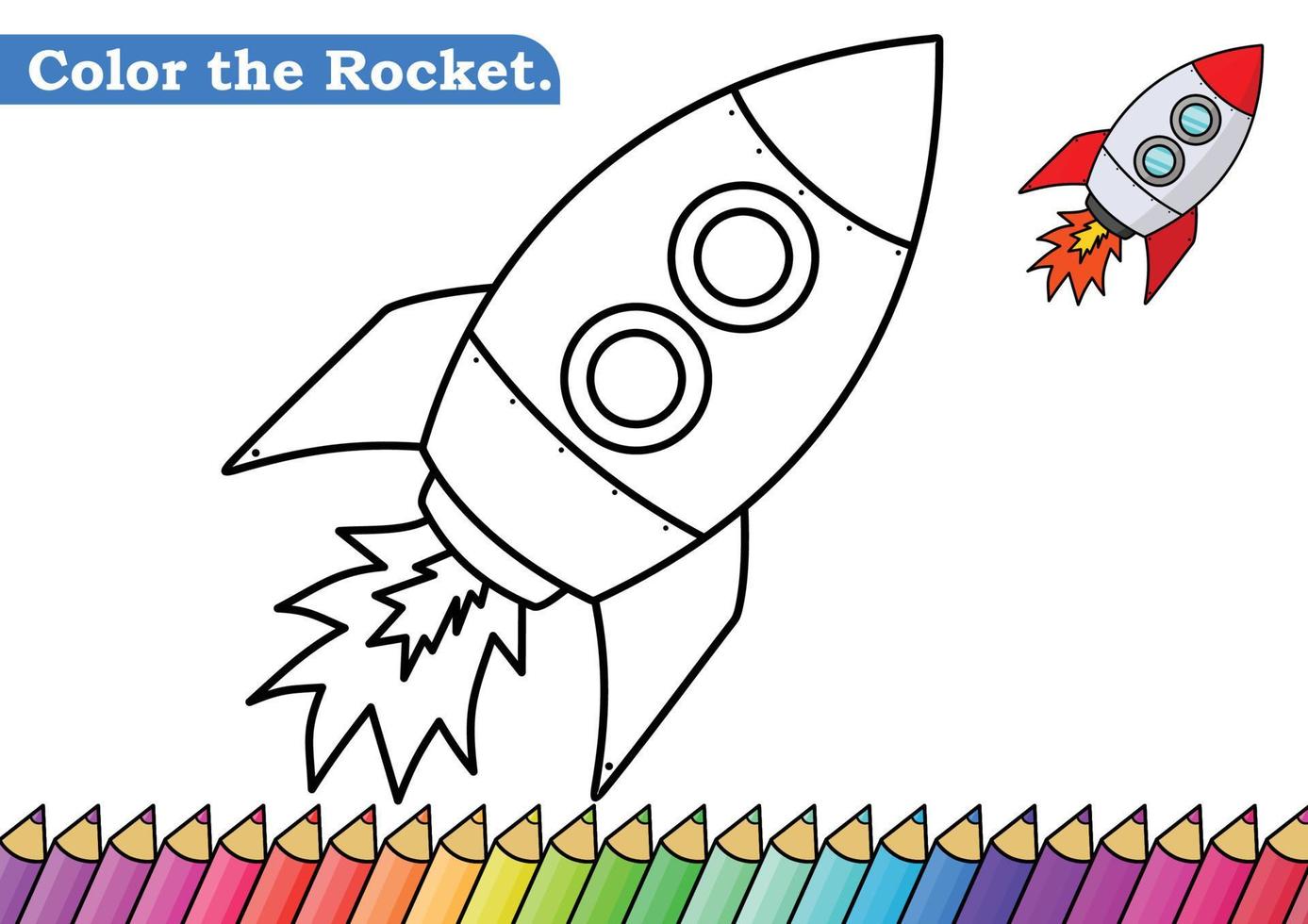 Coloring page for Rocket vector illustration.  Kindergarten children Coloring pages activity worksheet with big Rocket cartoon.  Rocket isolated on white background for color books.