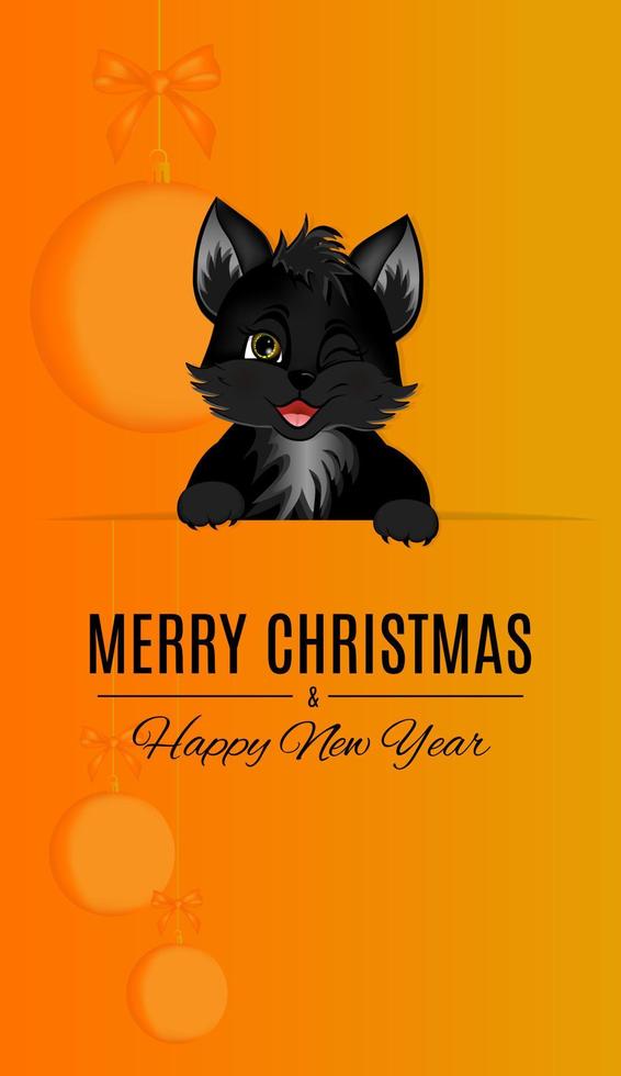 postal con gato negro, bola de navidad y lazo en colores naranja. vector