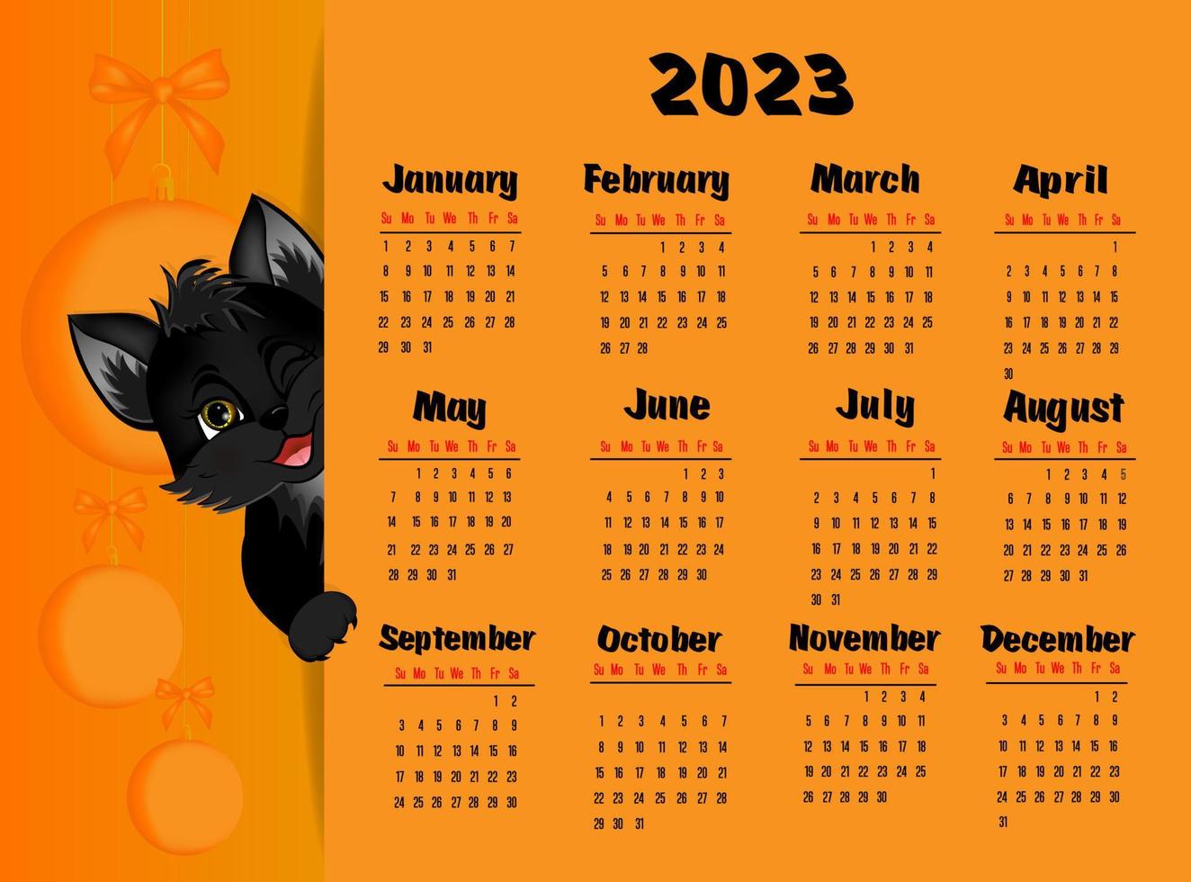 Calendar 2023 with black cat. Cute little cat with christmas balls. Week starts on Sunday. vector