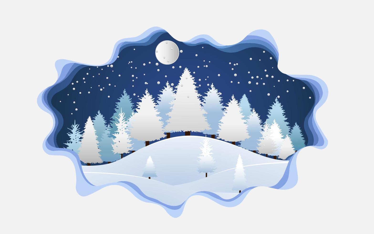 snowy forest with paper art design vector