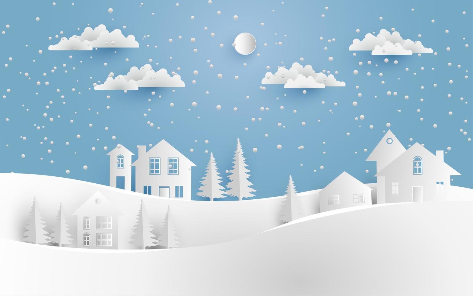 house in winter with paper art design vector