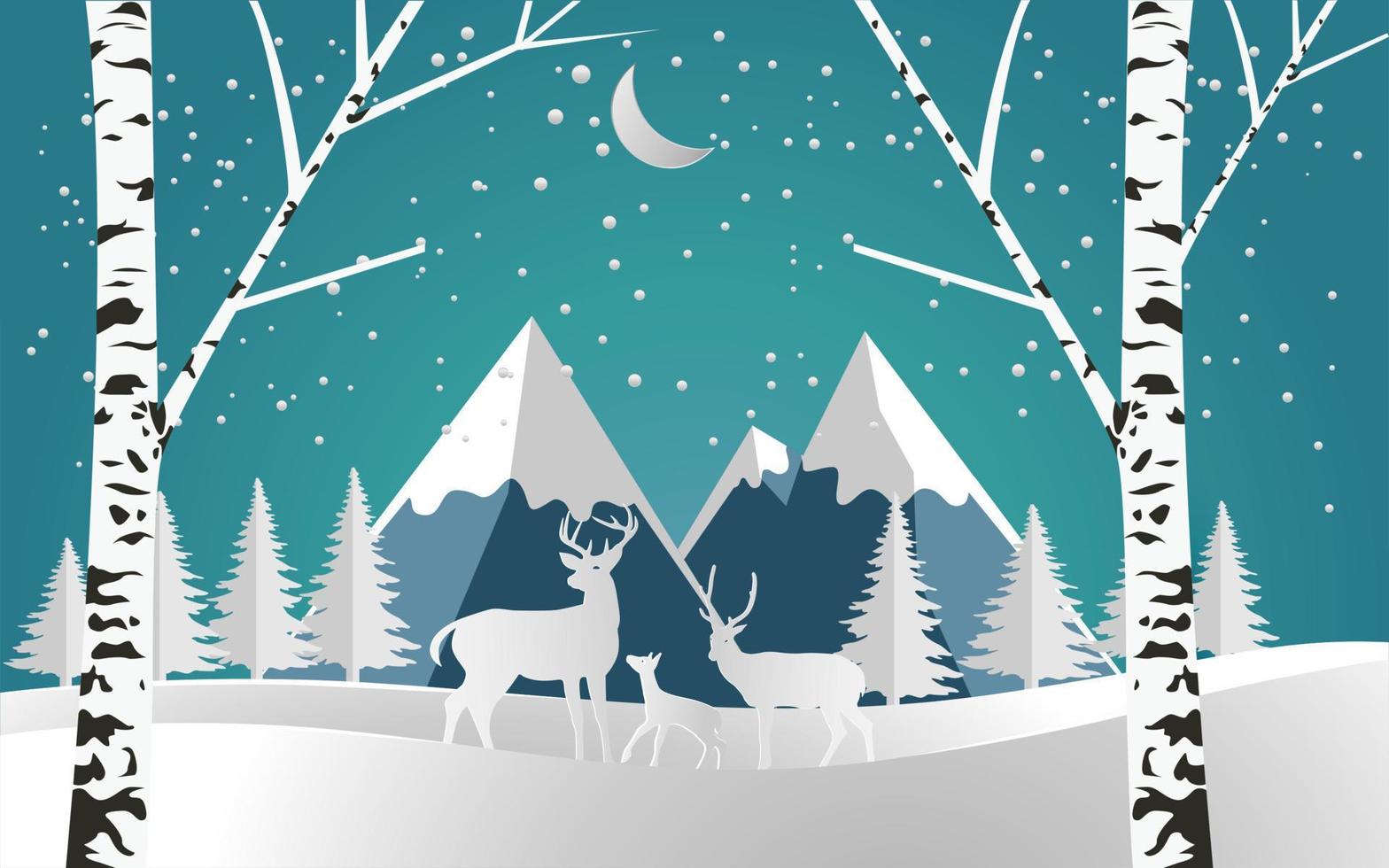 Deer in the snowy forest. paper art design vector