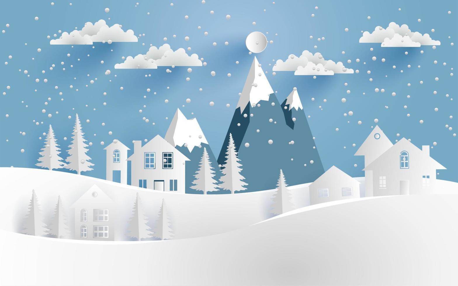 house in winter with mountains. paper cut design vector