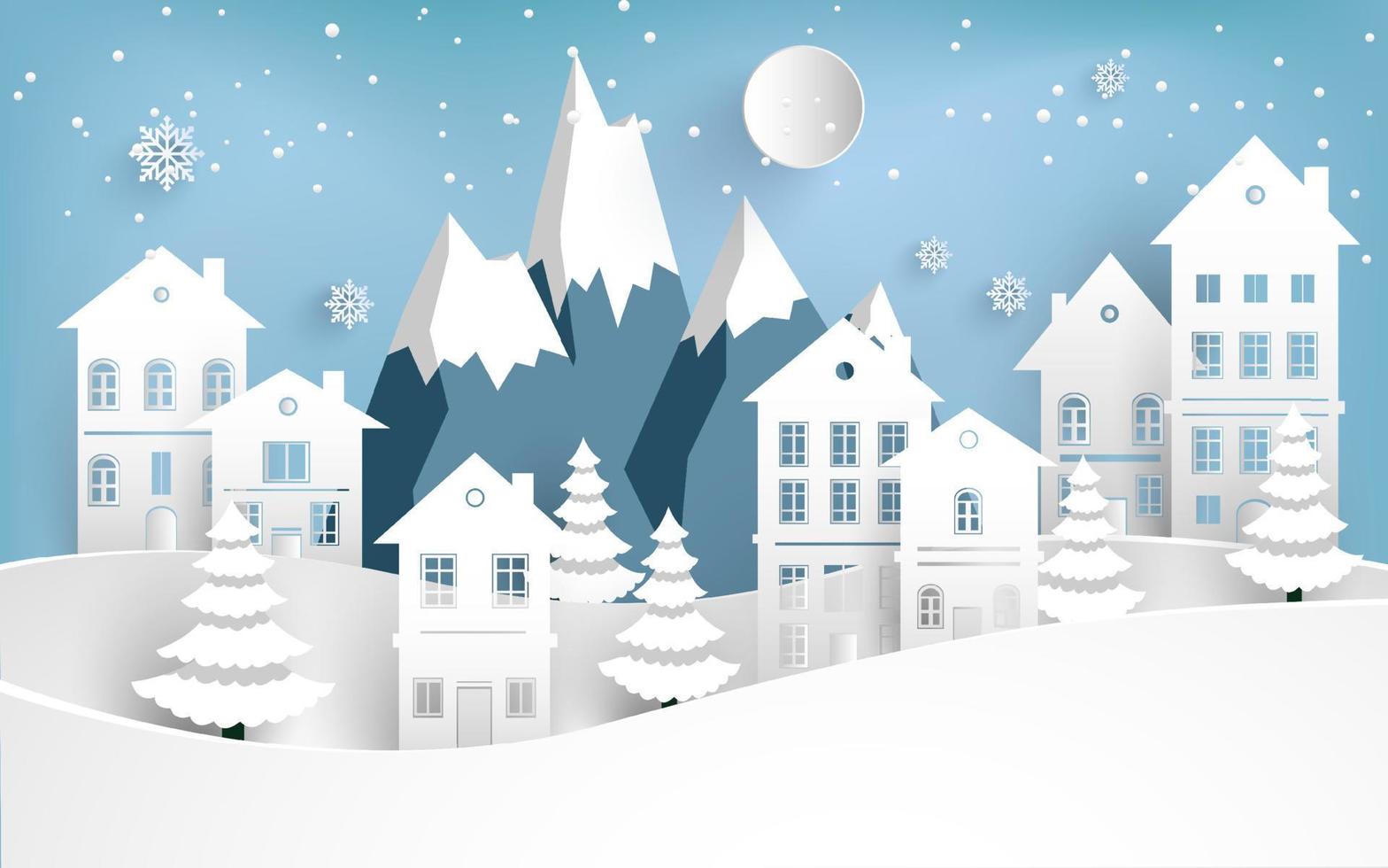 winter and the house on the snowy hill. paper cut design vector