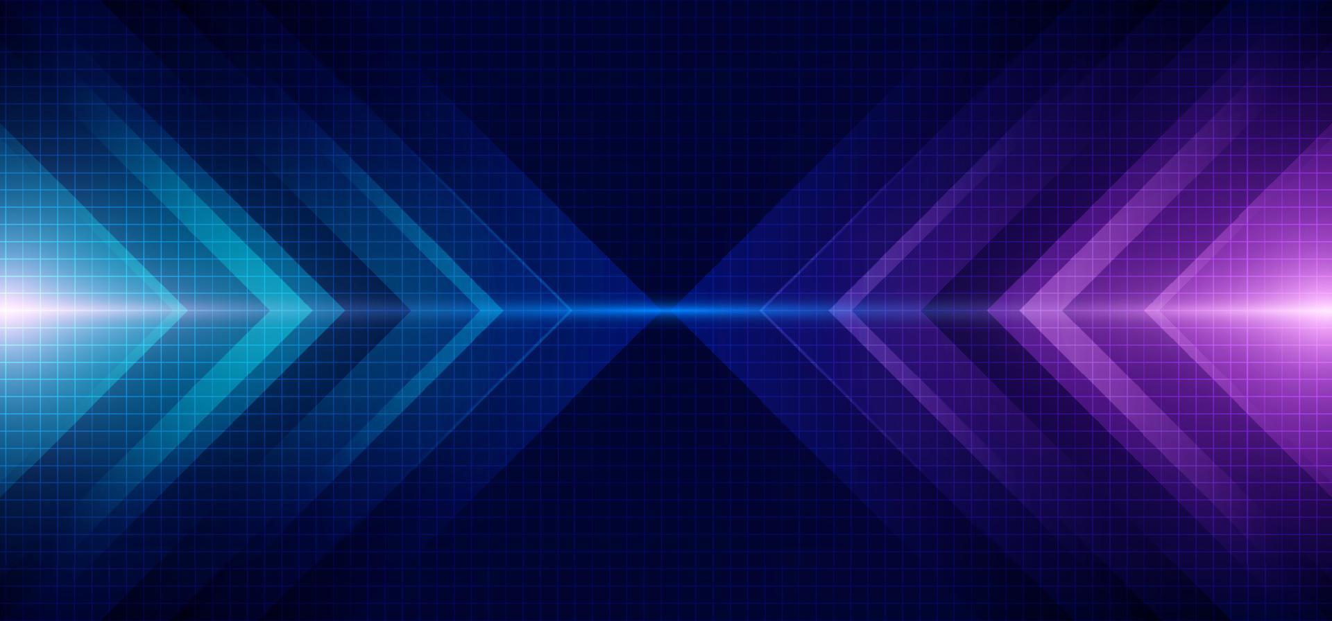 Abstract blue and purple arrow glowing with lighting and line grid on blue background vector
