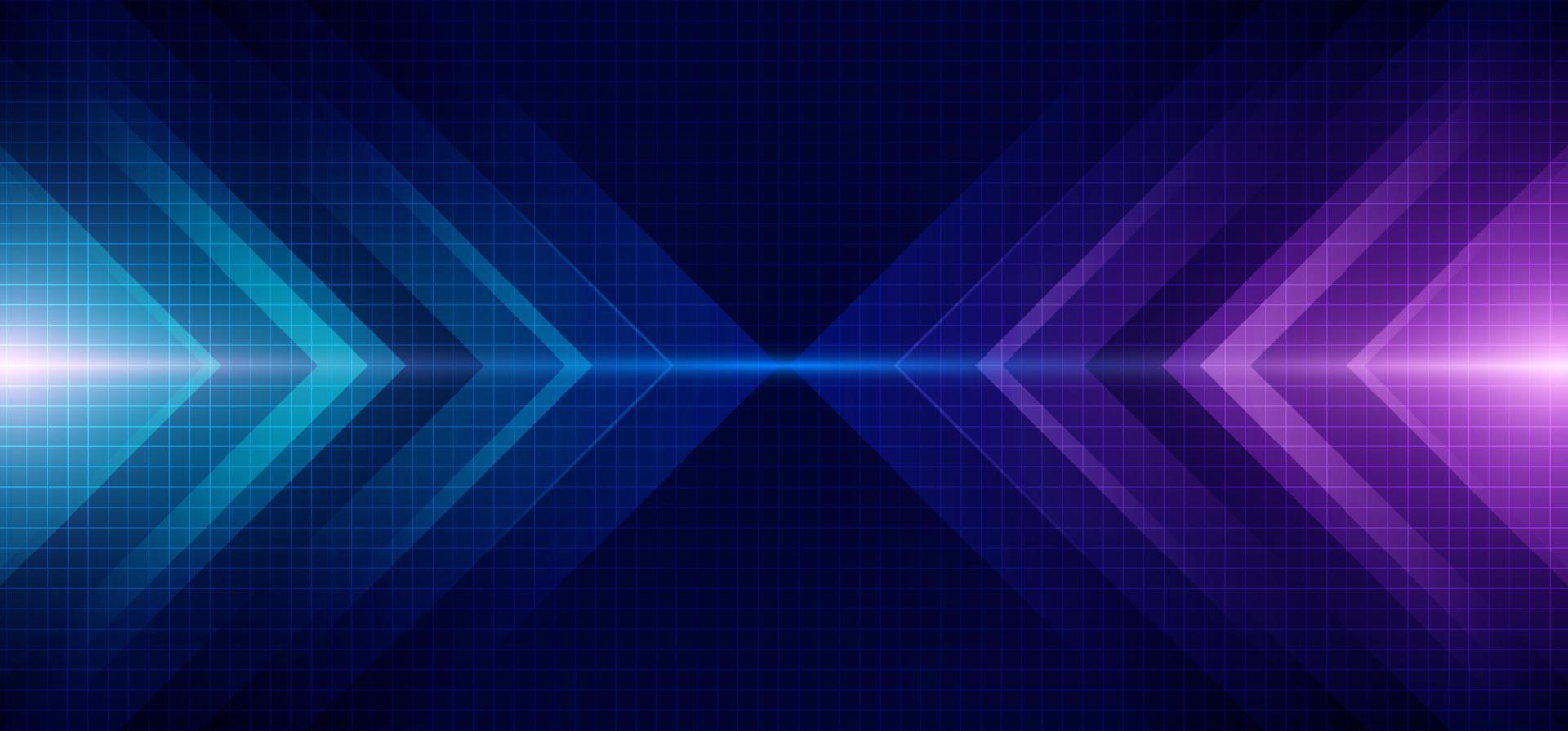 Abstract blue and purple arrow glowing with lighting and line grid on blue background vector