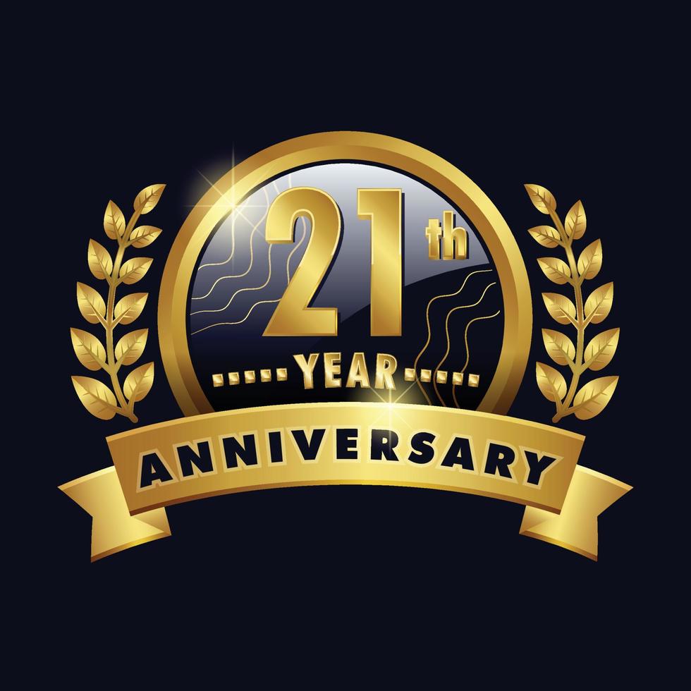 21th anniversary golden logo twenty one Years Badge with number 21 ribbon, laurel wreath vector design