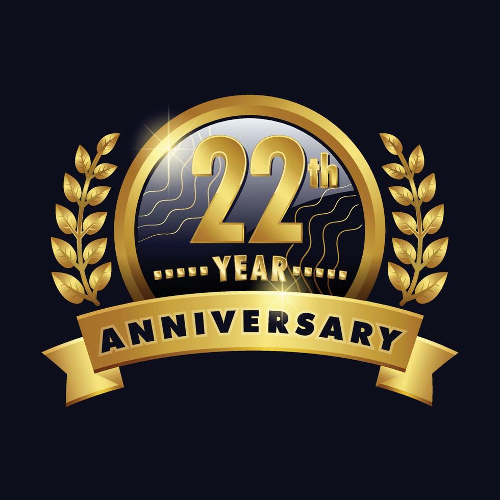 Logotipo dorado del 22.º aniversario insignia de veintidós años con cinta número 21, diseño vectorial de corona de laurel vector