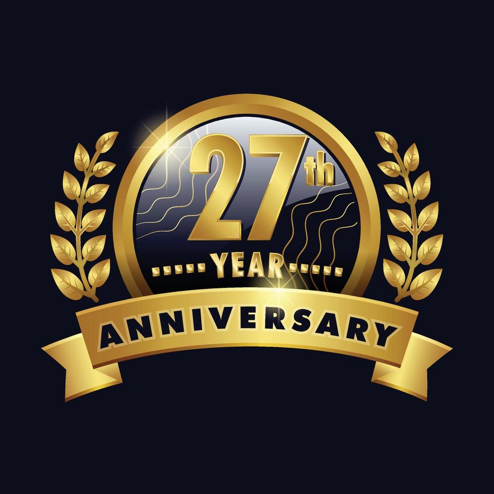 Logotipo dorado del 27 aniversario insignia de veintisiete años con cinta número 27, diseño vectorial de corona de laurel vector