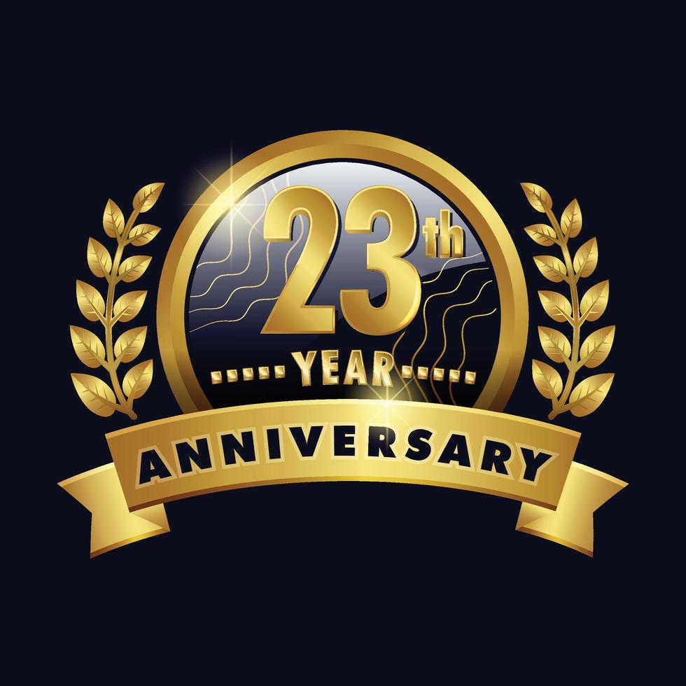 23th anniversary golden logo twenty three Years Badge with number 23 ribbon, laurel wreath vector design