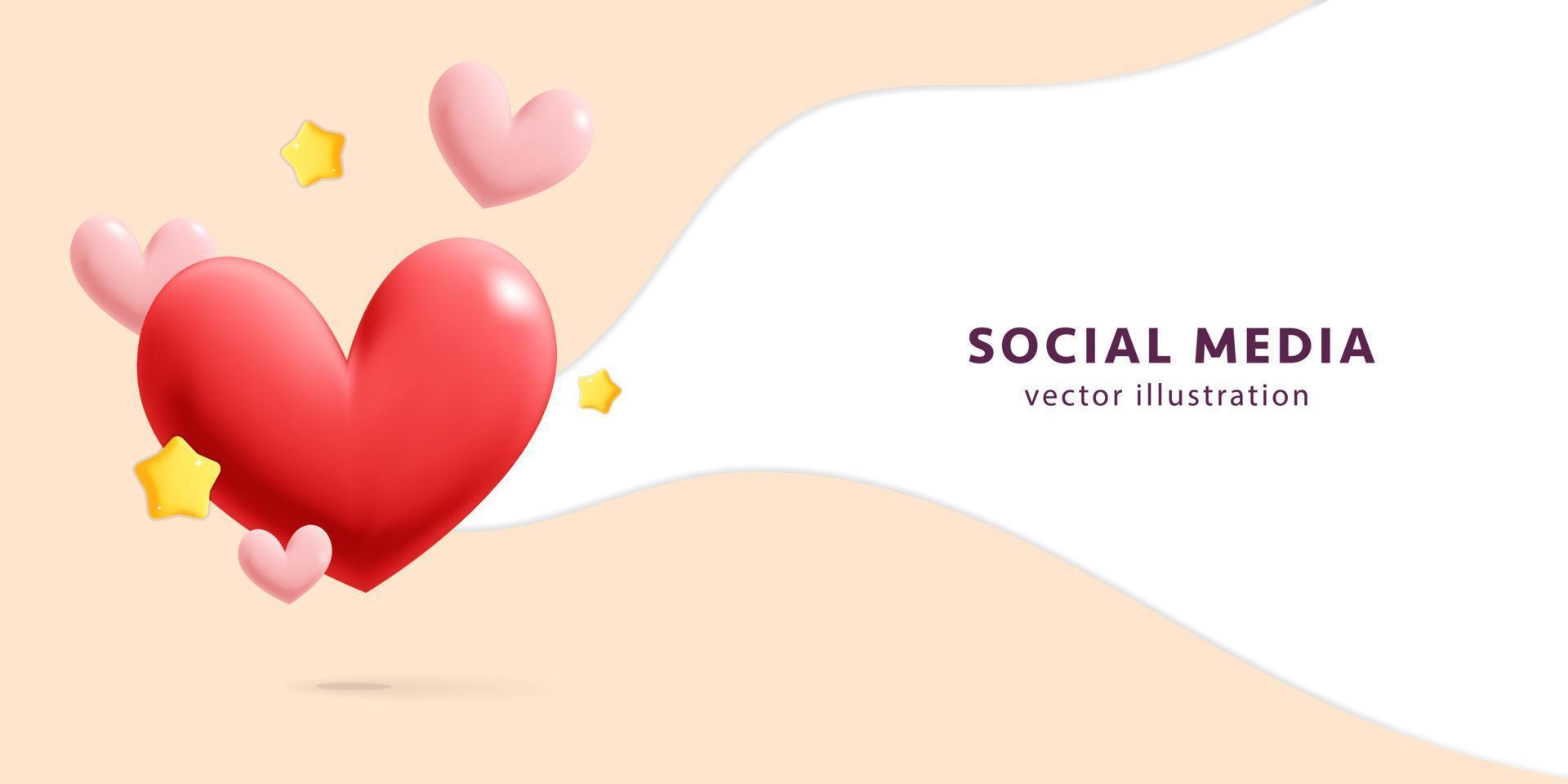 Dibujos animados de vector 3d representan red de medios sociales con ilustración de banner de símbolo de corazón y me gusta
