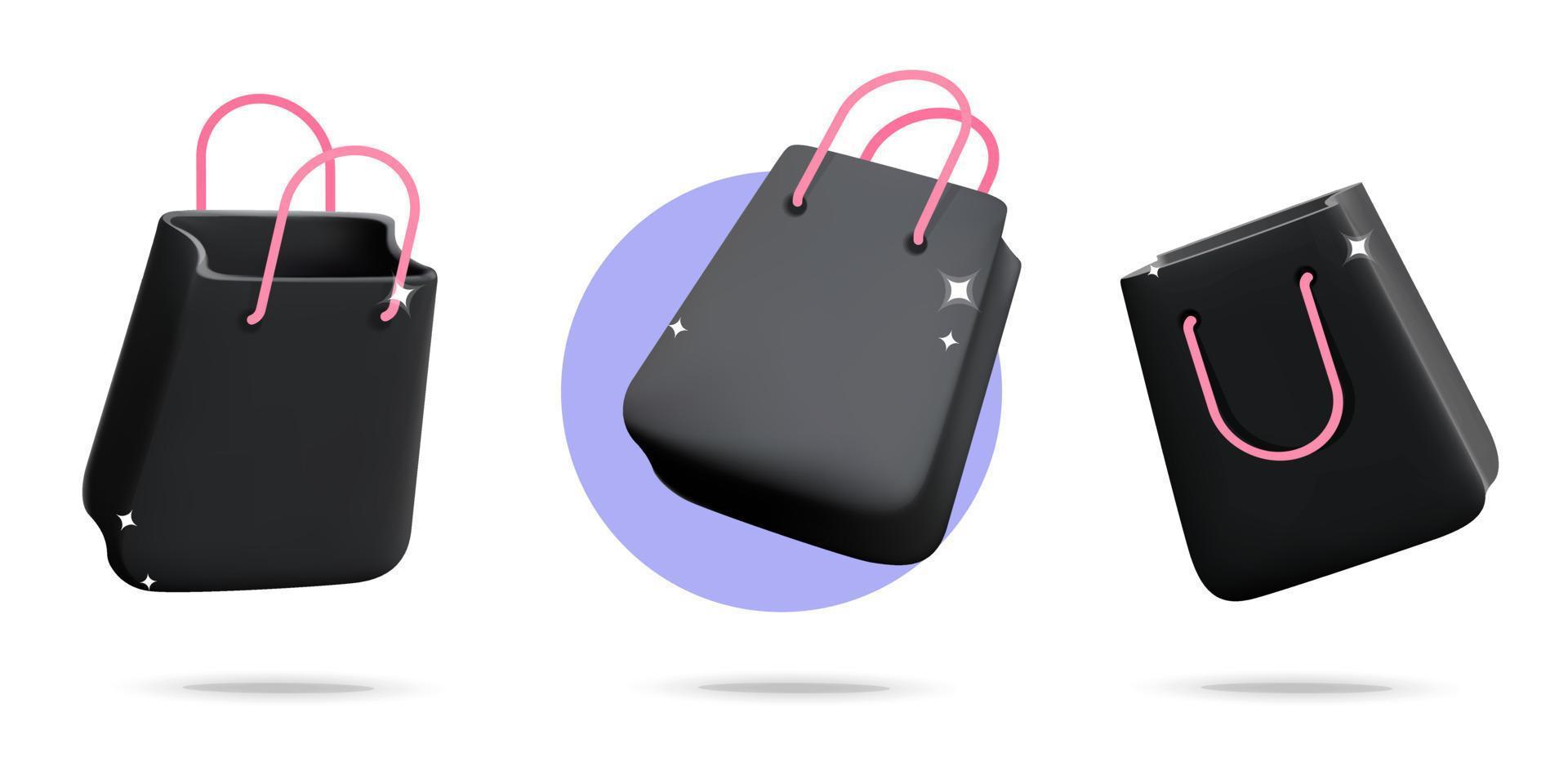 conjunto de diseño de icono de bolsa de regalo de compras en línea de viernes negro y navidad de vector 3d