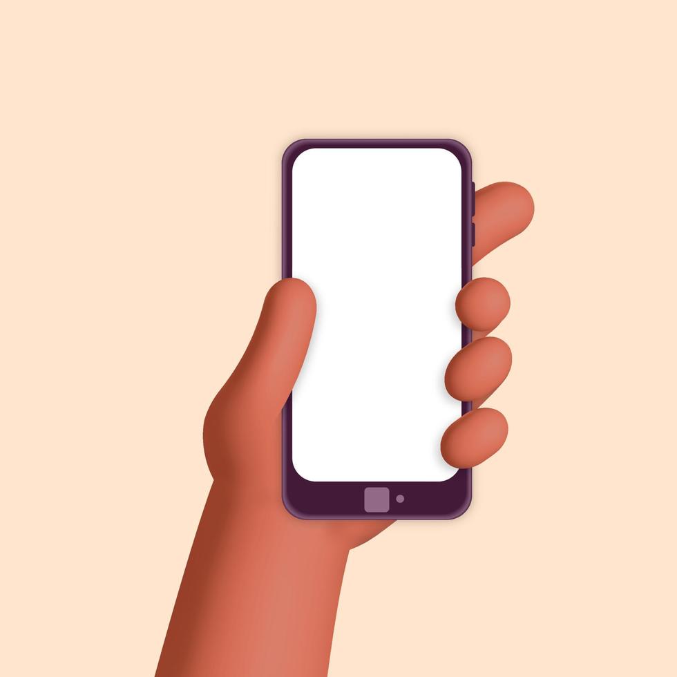 3d vector realistic render mockup african hand holds smartphone with white screen design