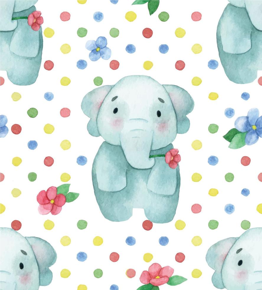 acuarela de patrones sin fisuras. con lindos animalitos. elefante bebé con flores y lunares de colores sobre un fondo blanco vector