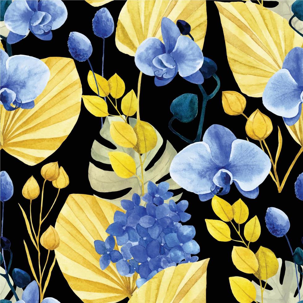 dibujo de acuarela, patrón sin costuras de hojas tropicales secas y flores en estilo boho. flores secas, hojas de palma, orquídea vector