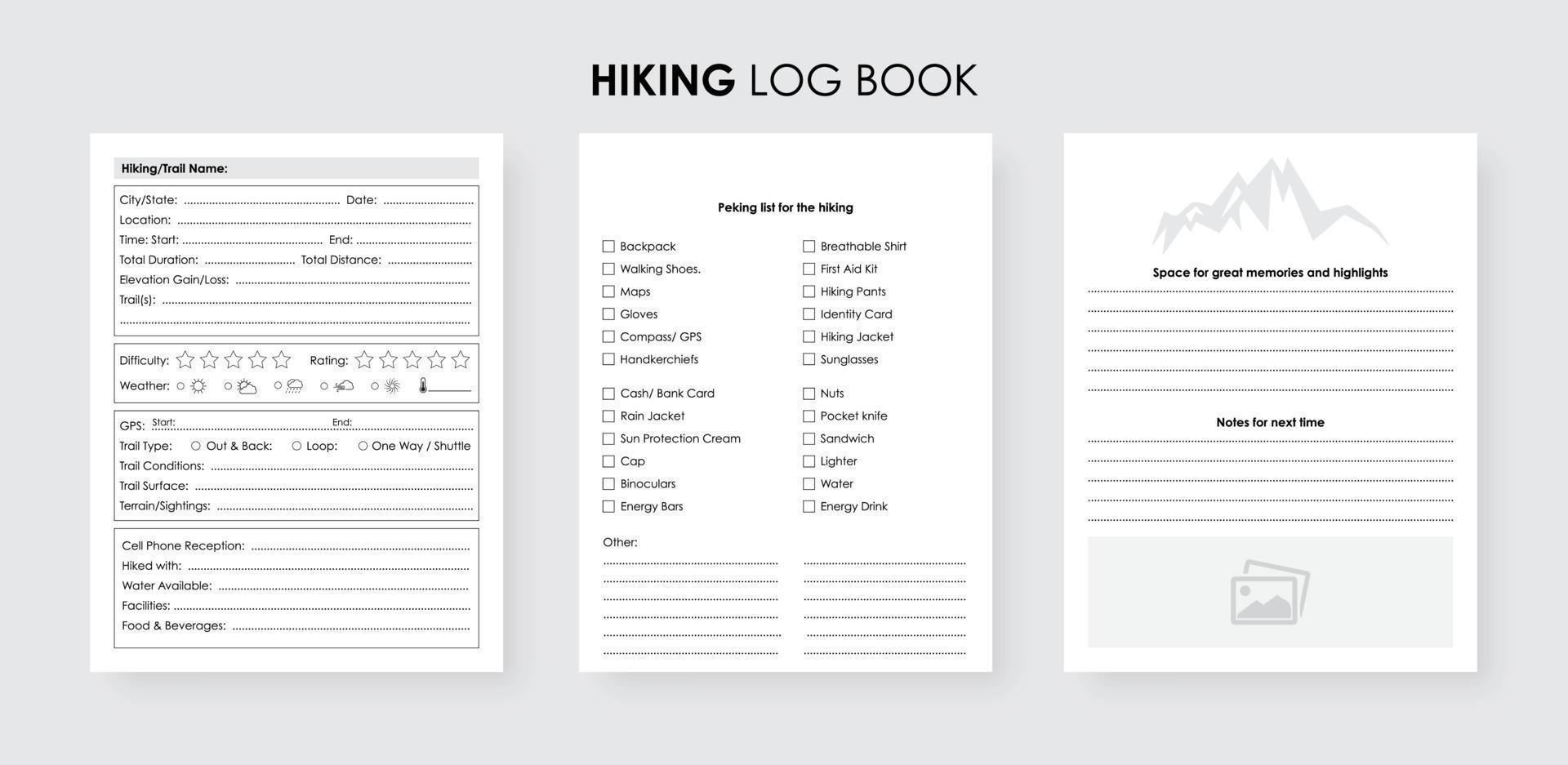 Hiking log book trekking journal, Tour and Travel checklist tracker notebook vector