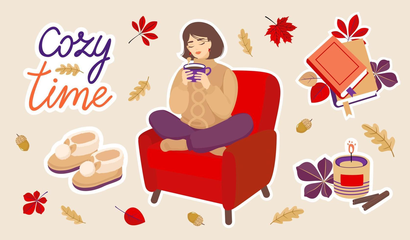 Cozy time at home. Vector set. Hygge style Illustrations for thematic designs, stickers.