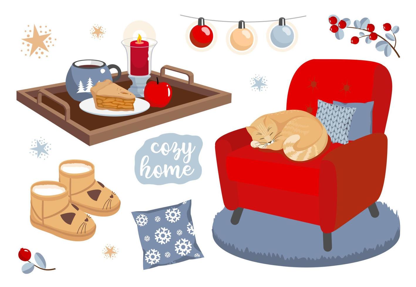 Cozy home set - armchair, cat, home shoes, tray, cup, cake. Vector, isolated. vector