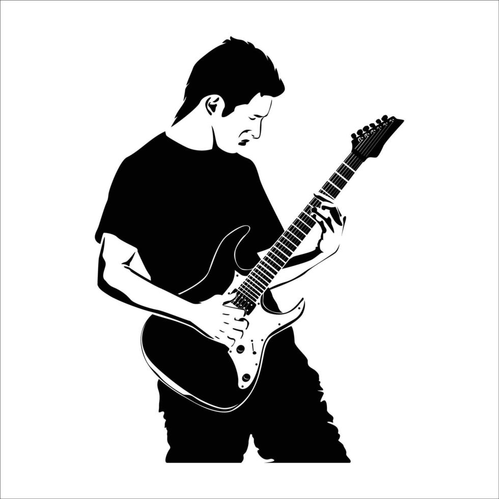 el hombre toca la silueta de la guitarra. ilustración vectorial guitarrista. músico solista vector