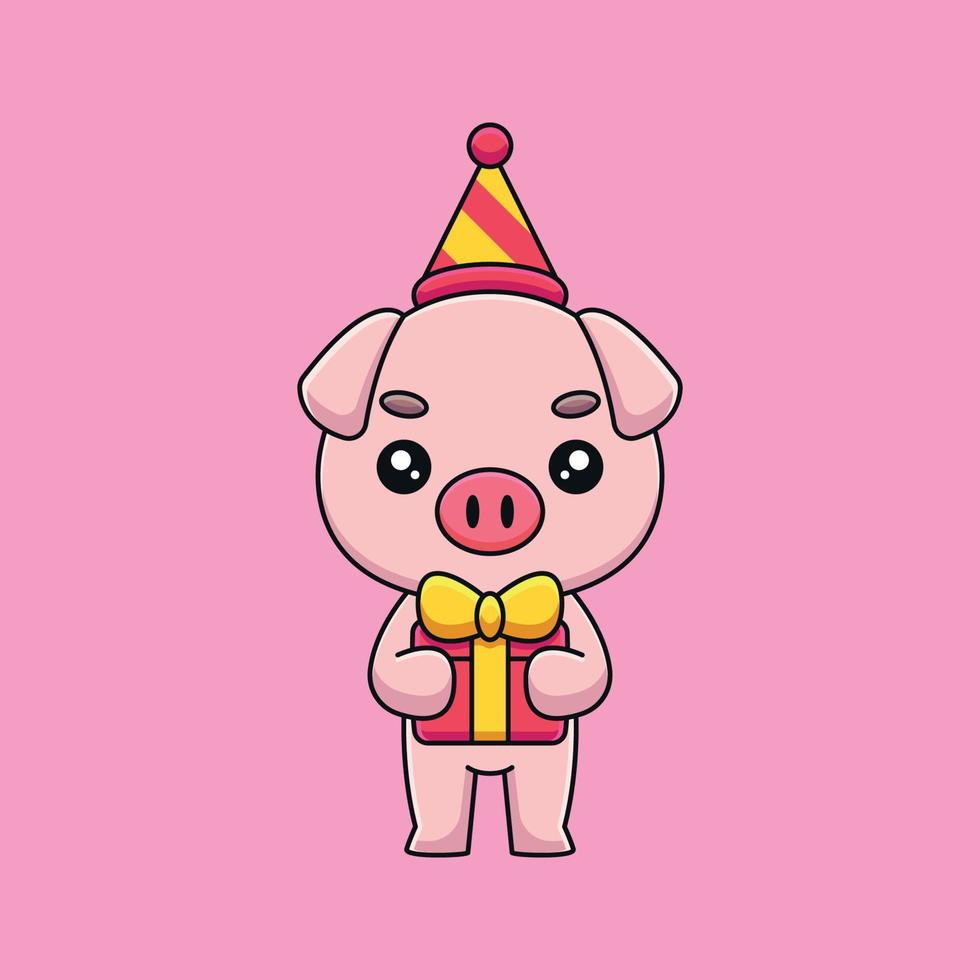 cute birthday pig cartoon mascot doodle art hand drawn concept vector kawaii icon illustration