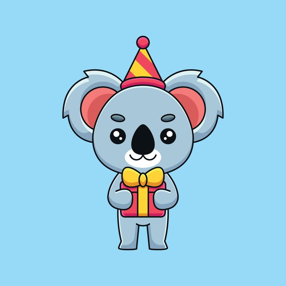 lindo cumpleaños koala caricatura mascota garabato arte dibujado a mano concepto vector kawaii icono ilustración