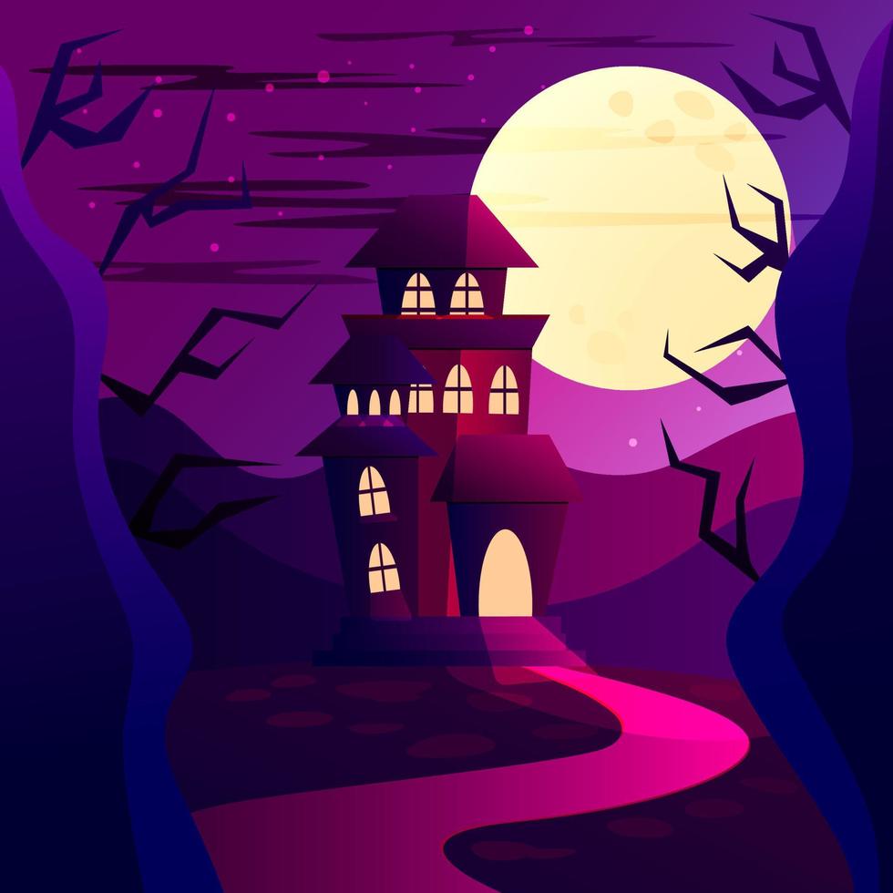 el paisaje de halloween con la luna llena amarilla y el castillo misterioso vector