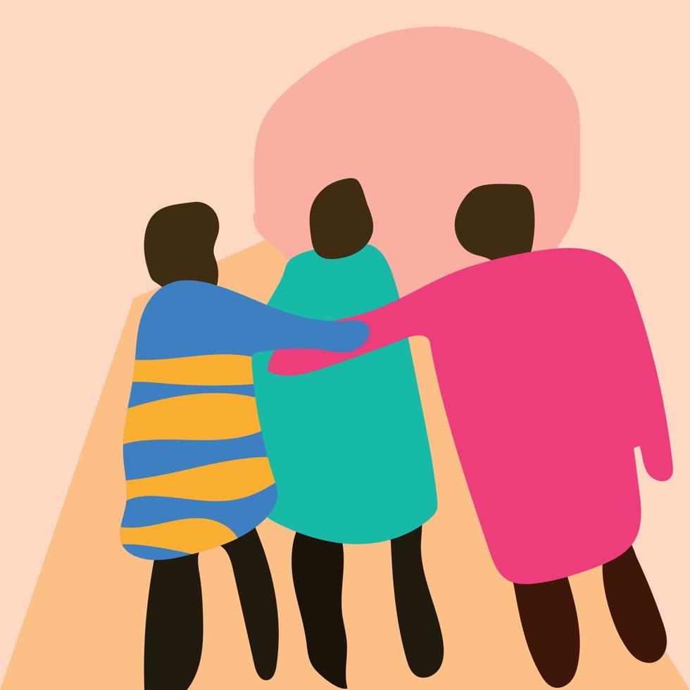 three people walking together  one  hand  vector  illustration