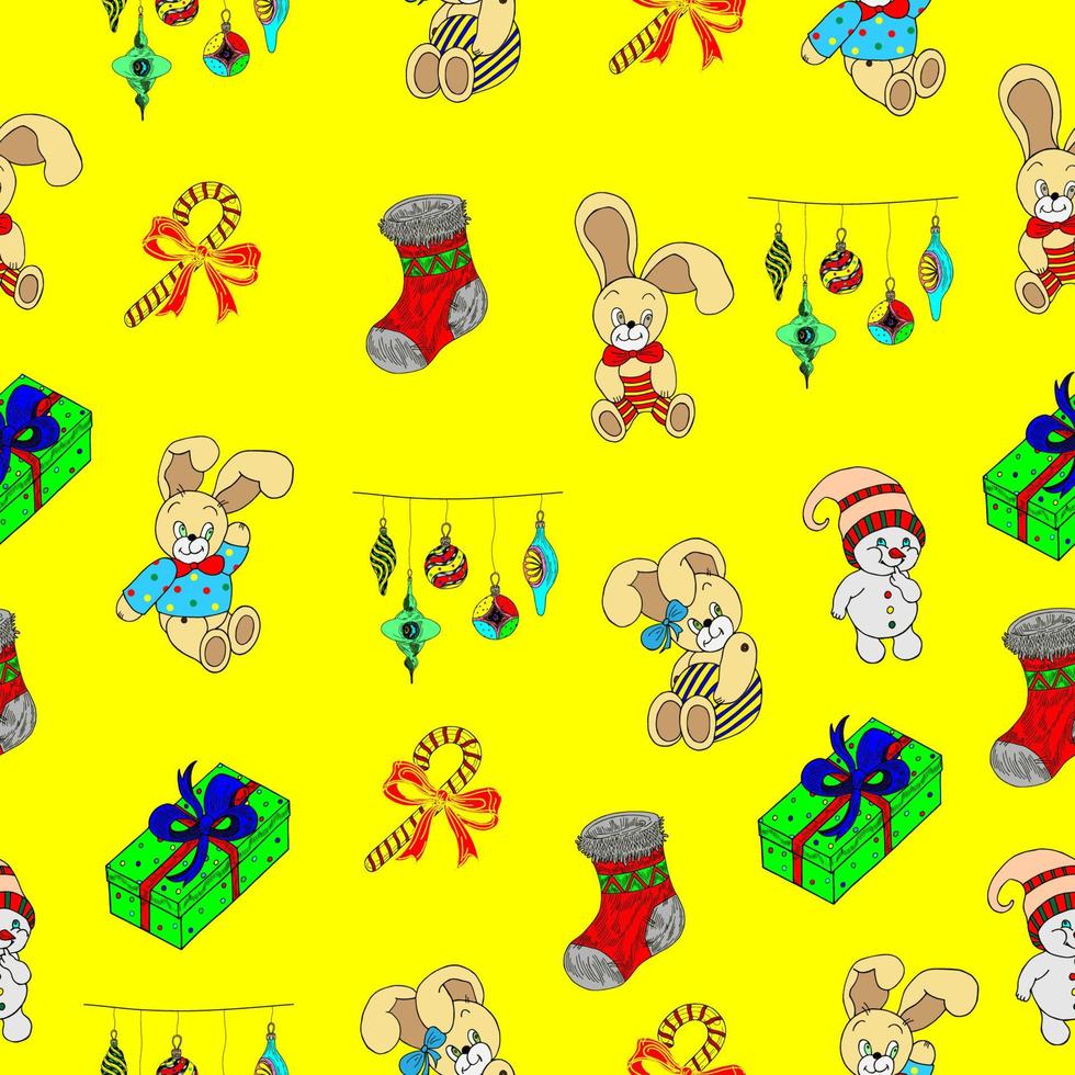 Seamless pattern with Christmas characters and decorations on a green background. Design of winter children's Christmas holidays for wallpaper, textiles and wrapping paper, vector texture hand-drawn