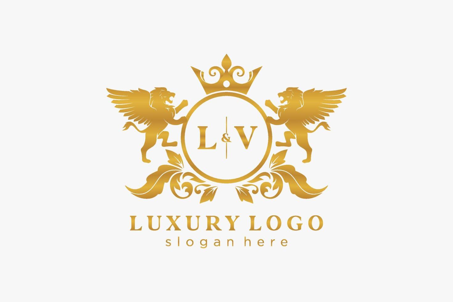 Initial LV Letter Lion Royal Luxury Logo template in vector art for Restaurant, Royalty, Boutique, Cafe, Hotel, Heraldic, Jewelry, Fashion and other vector illustration.