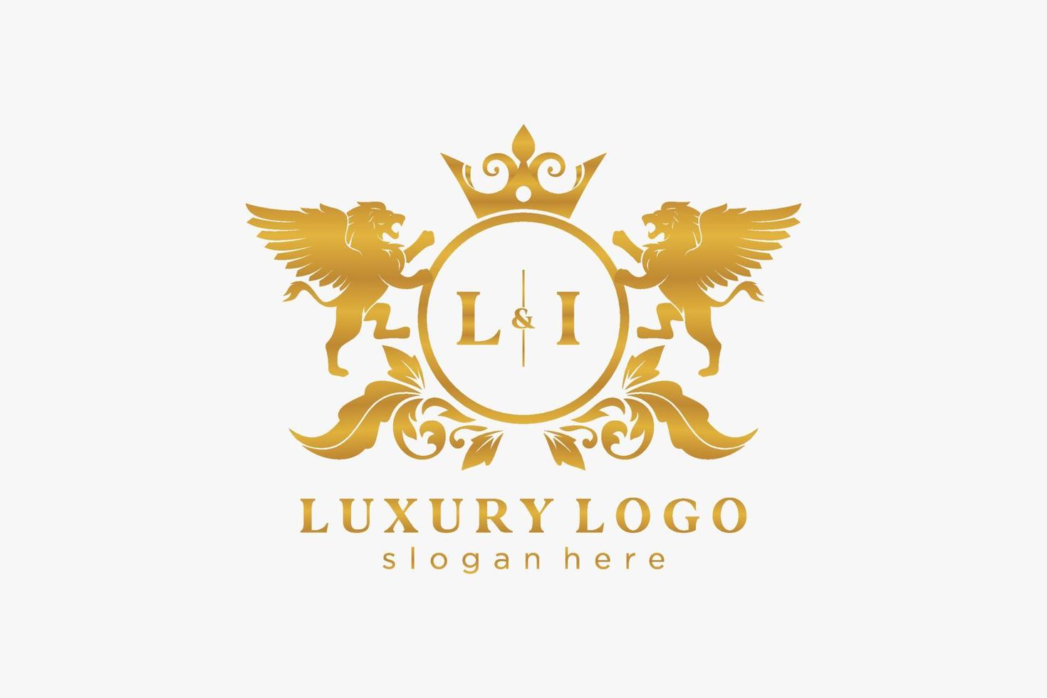 plantilla de logotipo de lujo real de león de letra li inicial en arte vectorial para restaurante, realeza, boutique, cafetería, hotel, heráldica, joyería, moda y otras ilustraciones vectoriales. vector