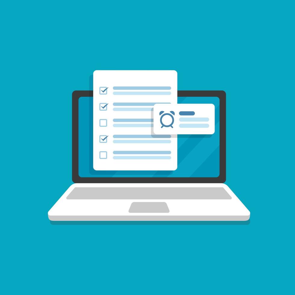 Checklist document on laptop,flat cartoon computer with paper checklist and to do list with checkboxes, concept of survey vector