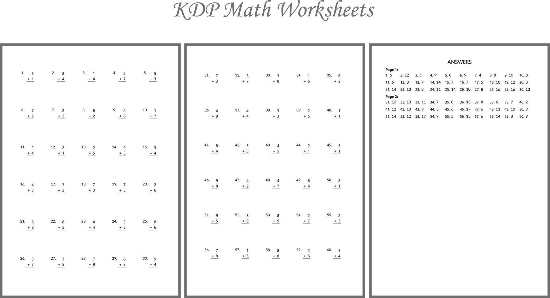 Math Worksheet - KDP Interior - 50 Basic Single-Digit Addition Questions worksheet with Answer key - 01 vector