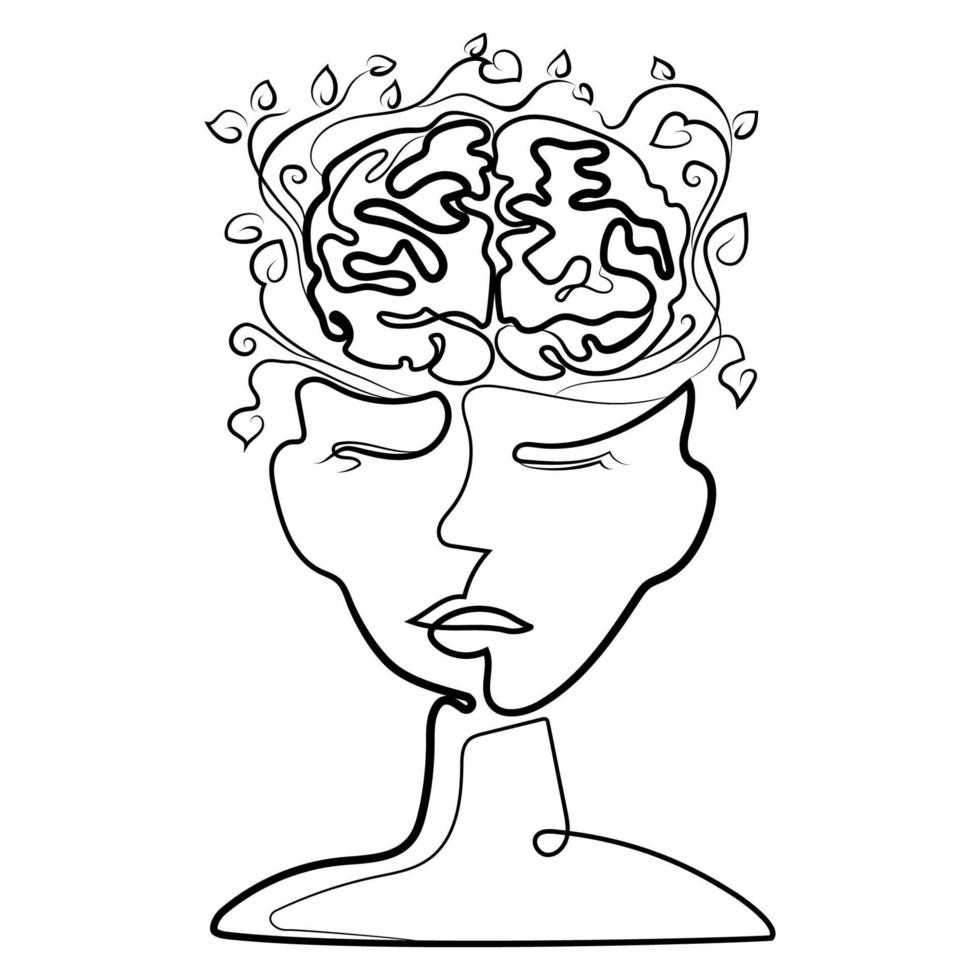 cabeza de rostro humano con cerebro abierto y ramas con hojas que crecen de él dibujo de líneas abstractas, diseño de afiches, impresión, logotipo, icono, emblema, vector aislado. salud mental. cabeza con ilustración surrealista del cerebro