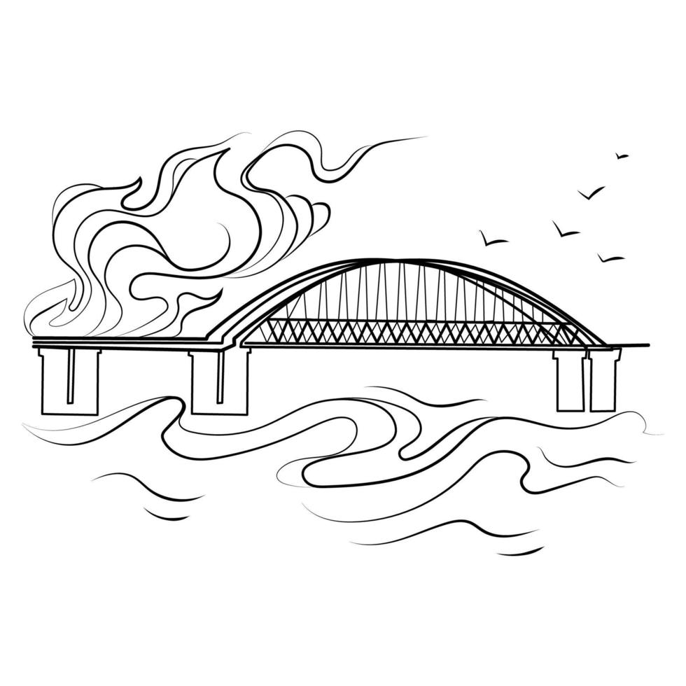 Burning Crimean bridge Liner sektch vector isolated illustration.Kerch Crimean bridge on fire,explosion line art black and white drawing