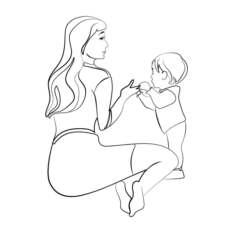 Happy Mom with little baby line drawing vector black and white illustration.Mother holding baby's hand Minimalist black linear sketch isolated on white background.Happy family,motherhood.