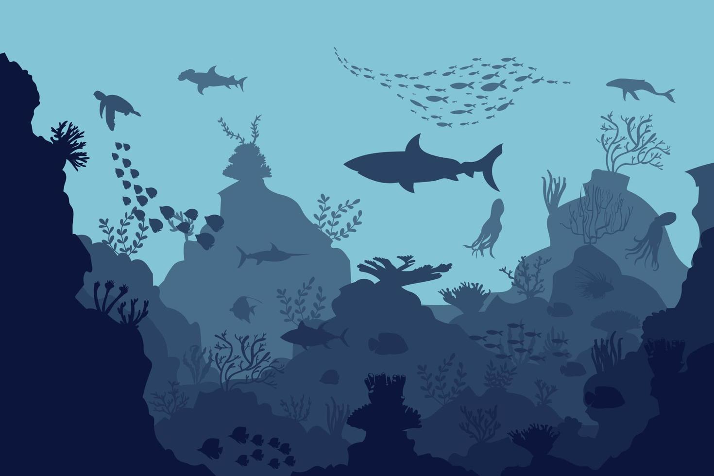 silhouette of coral reef with fish on blue sea background underwater vector illustration