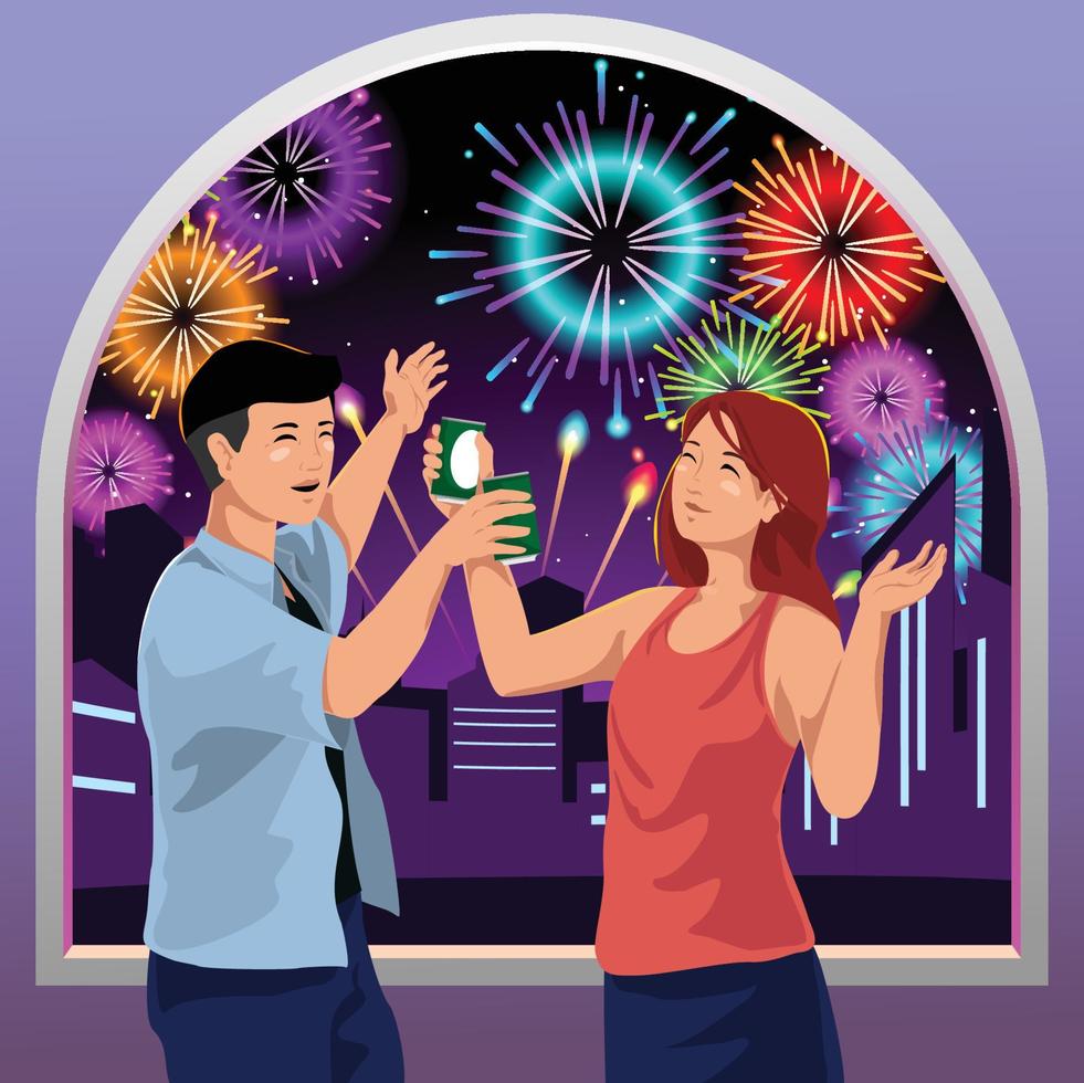 parejas disfrutando de los fuegos artificiales de año nuevo vector