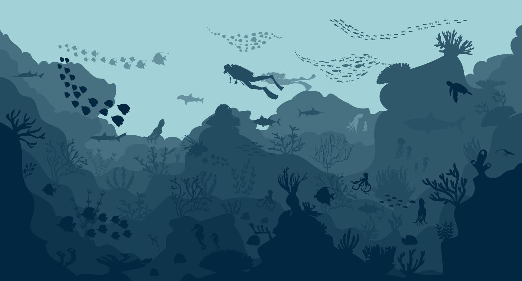 silhouette of coral reef with fish on blue sea background underwater vector illustration