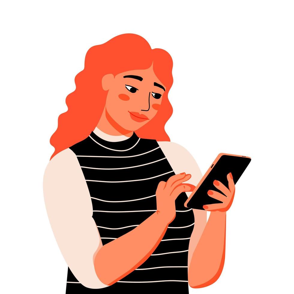 Woman looking on smartphone  and typing a text. Girl chatting on Phone. vector