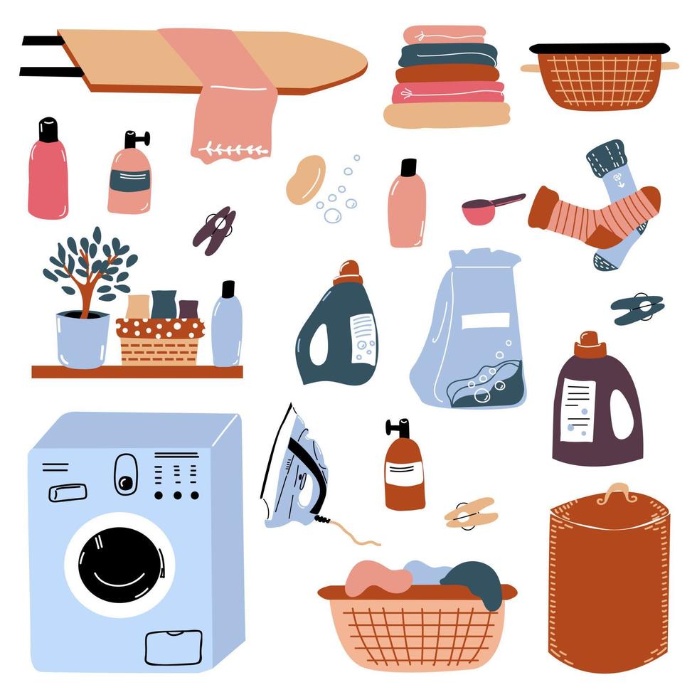 Set with laundry accessories for washing and ironing, baskets with linen. Washing machine. Housework. Vector objects.